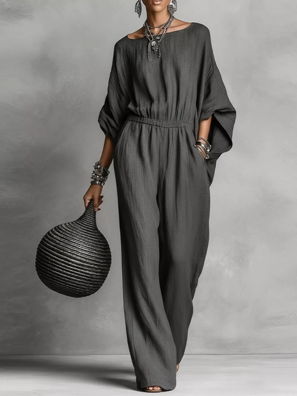Full Size Boat Neck Batwing Sleeve Wide-Leg Jumpsuit Plus Size, image 6