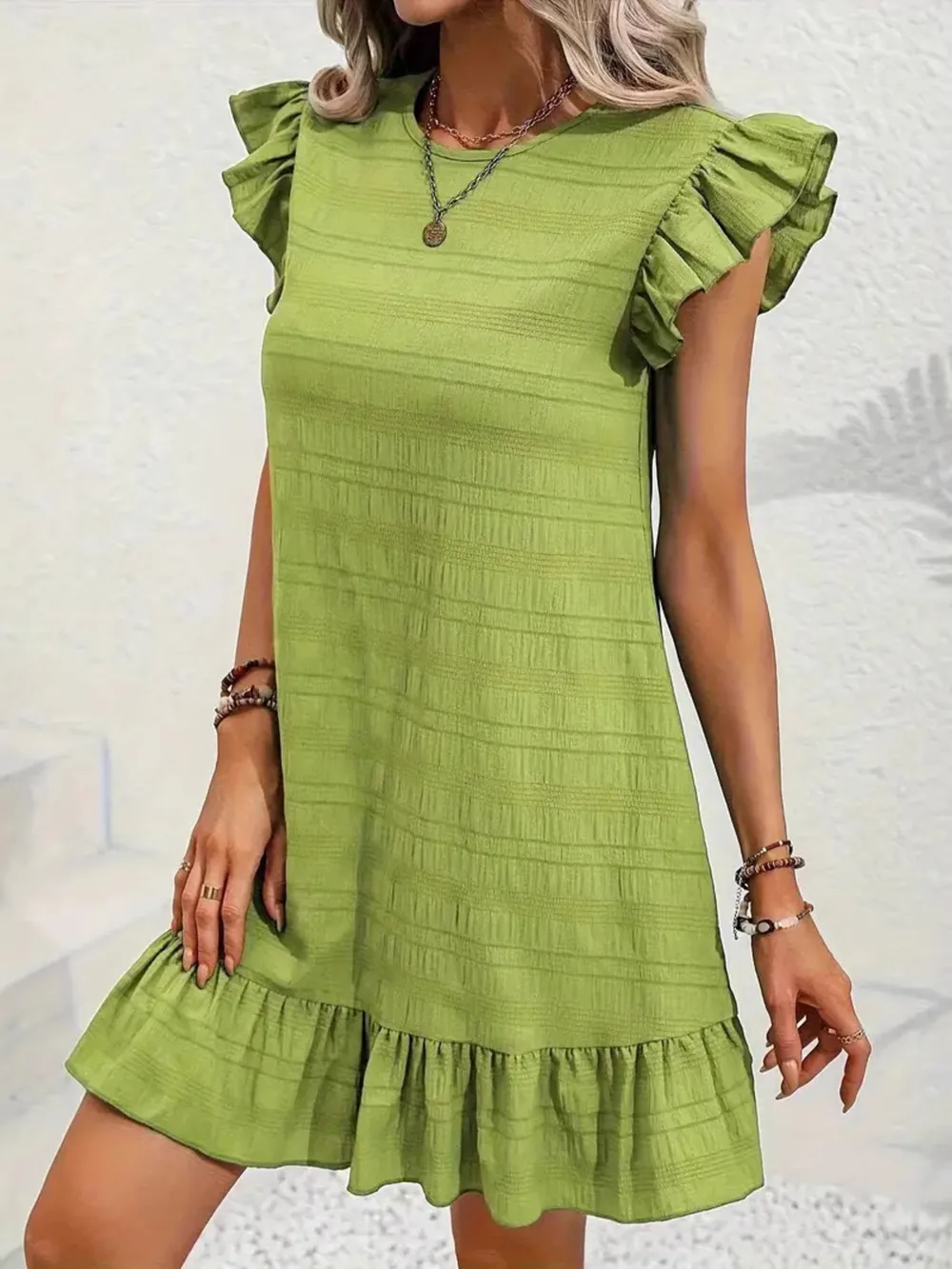 Full Size Ruffled Flutter Sleeve Textured Mini Dress Plus Size, image 2