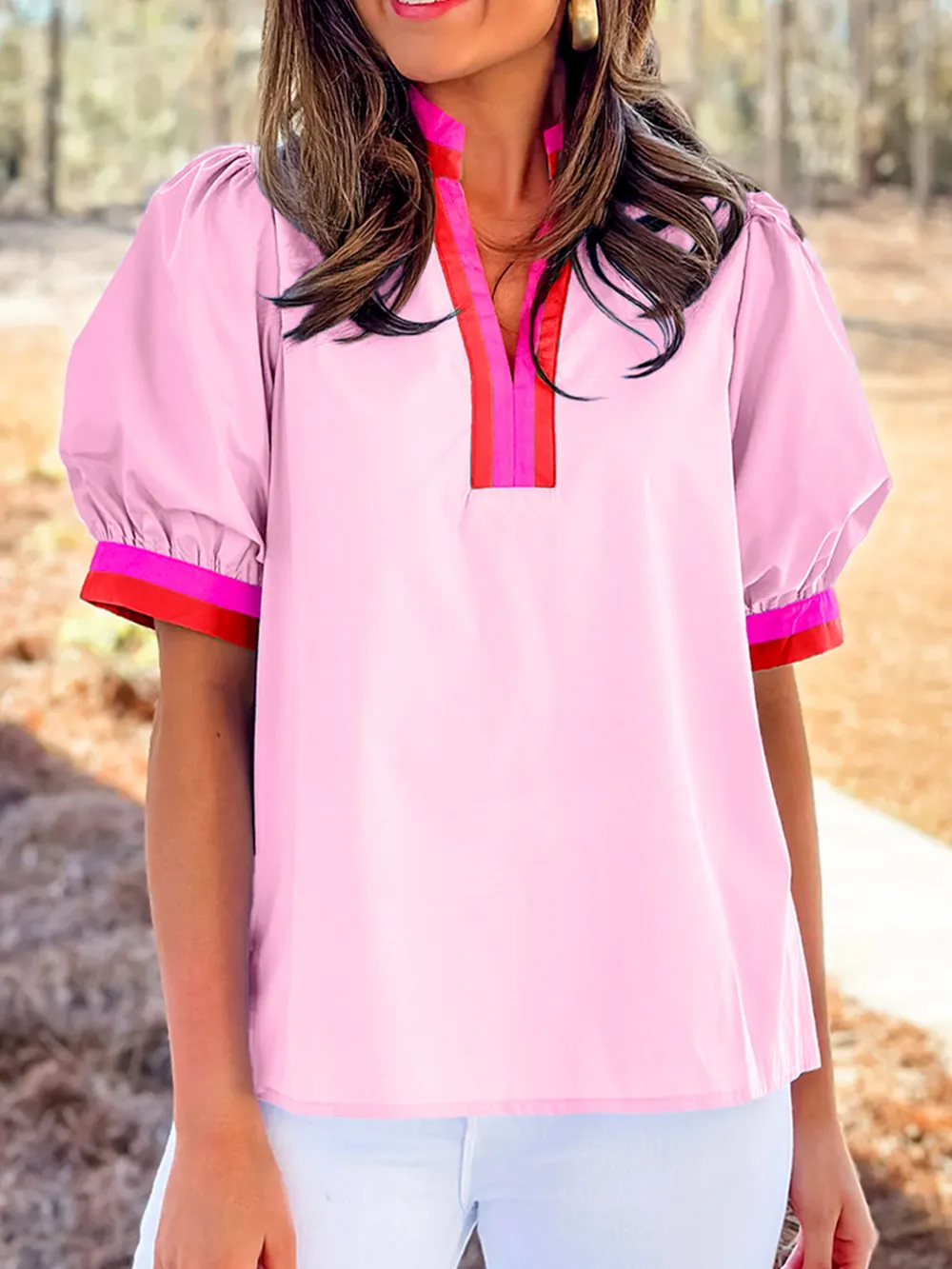 Contrast Trim Notched Short Sleeve Blouse, image 2