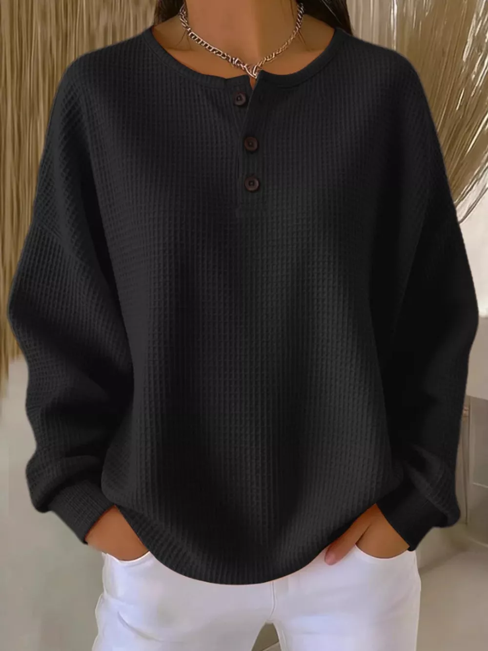Full Size Waffle Knit Button Detail Top Plus Size, image 3