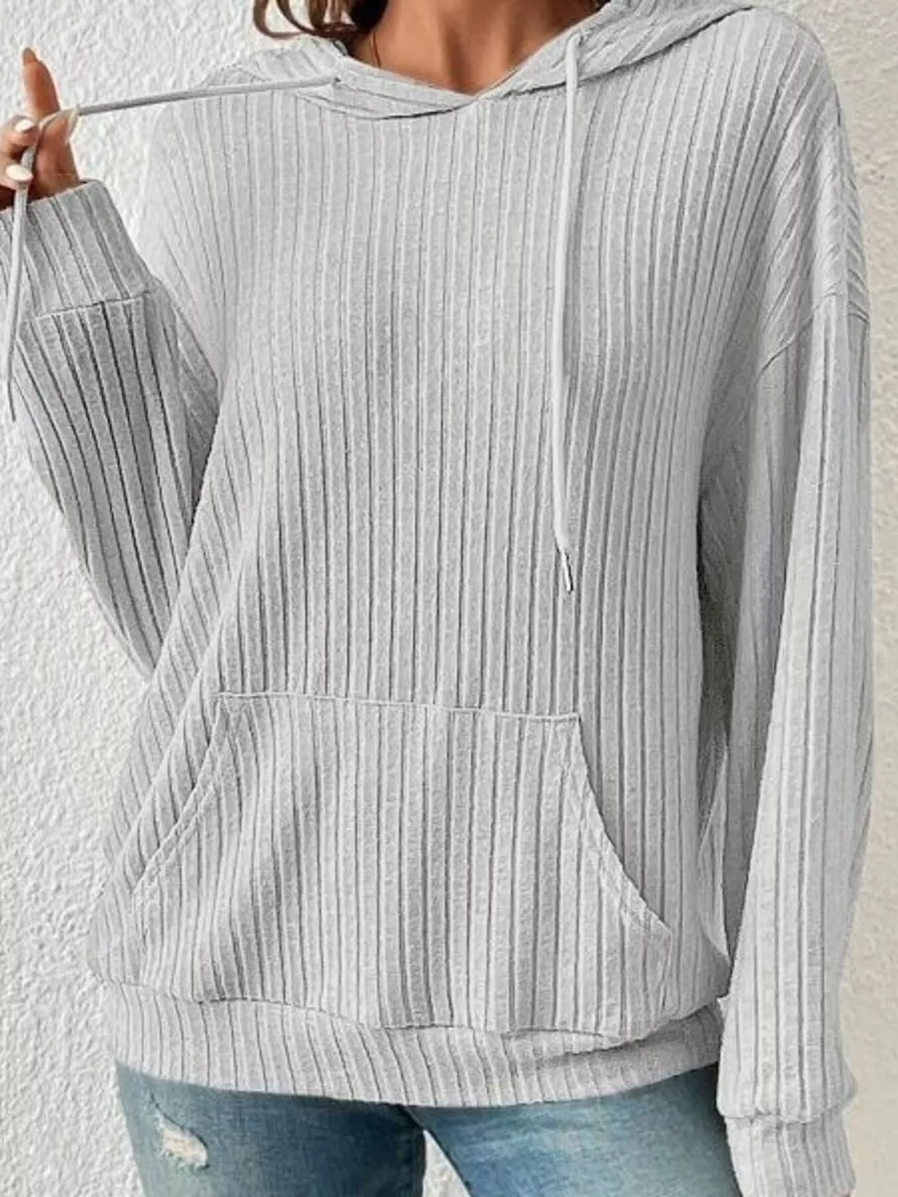 Ribbed Knit Long Sleeve Drawstring Hoodie, image 3