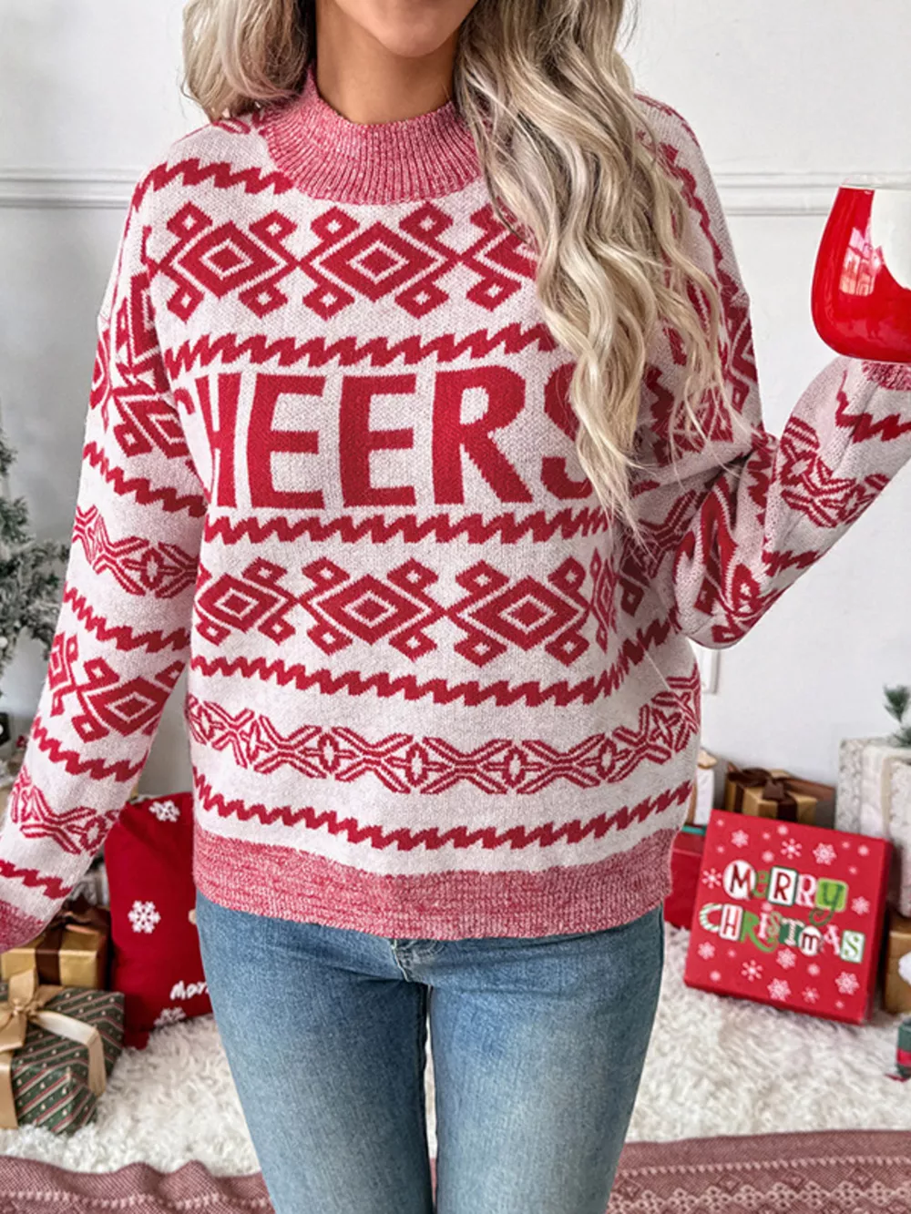 CHEERS Round Neck Long Sleeve Christmas Sweater, image 2