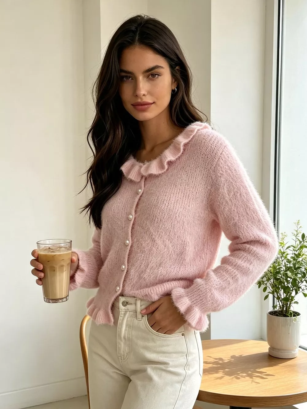 Soft Fuzzy Cardigan with Ruffled Collar and Pearl Buttons, image 2