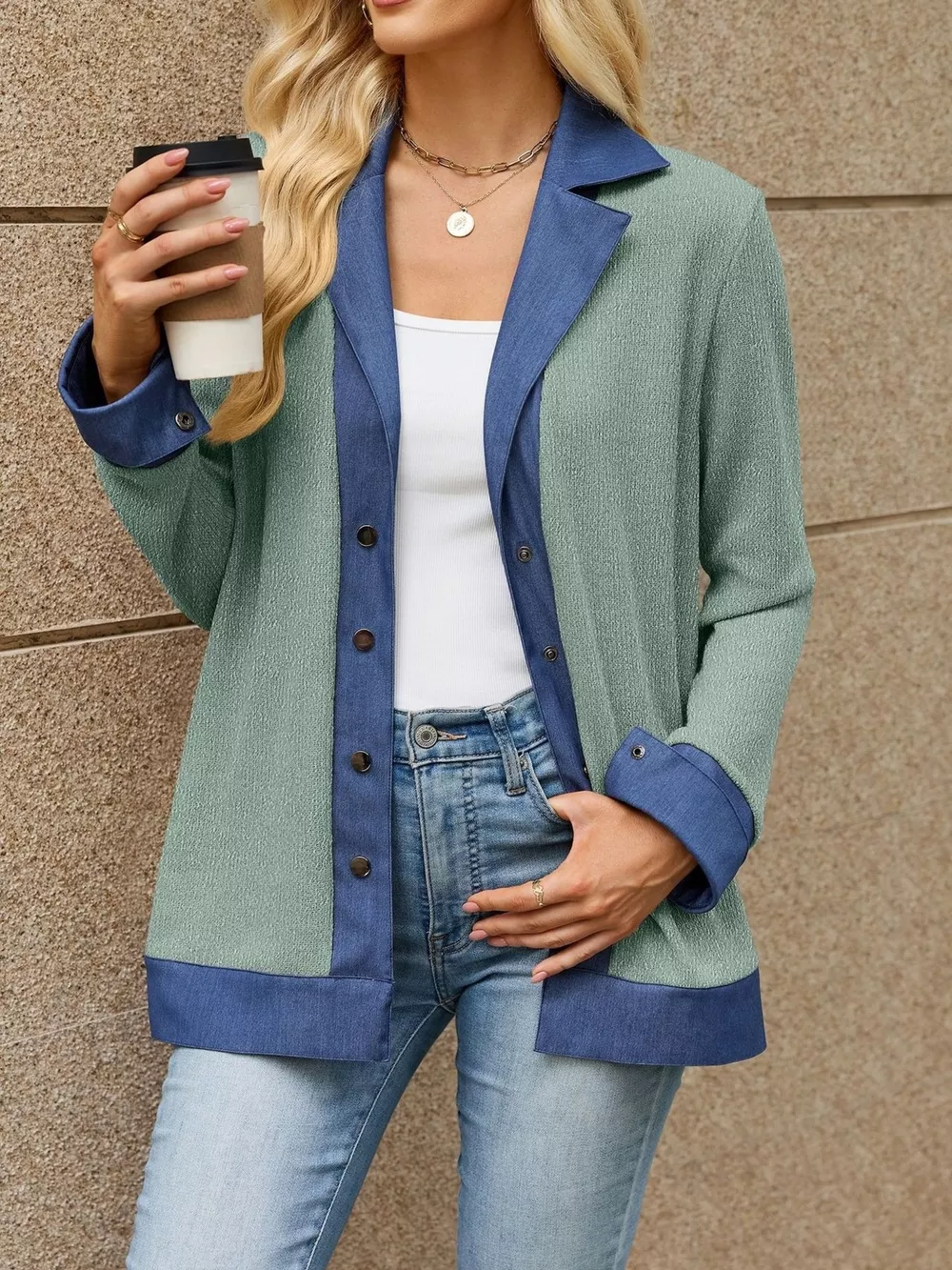 Contrast Denim Lapel Collar Outerwear, image 12