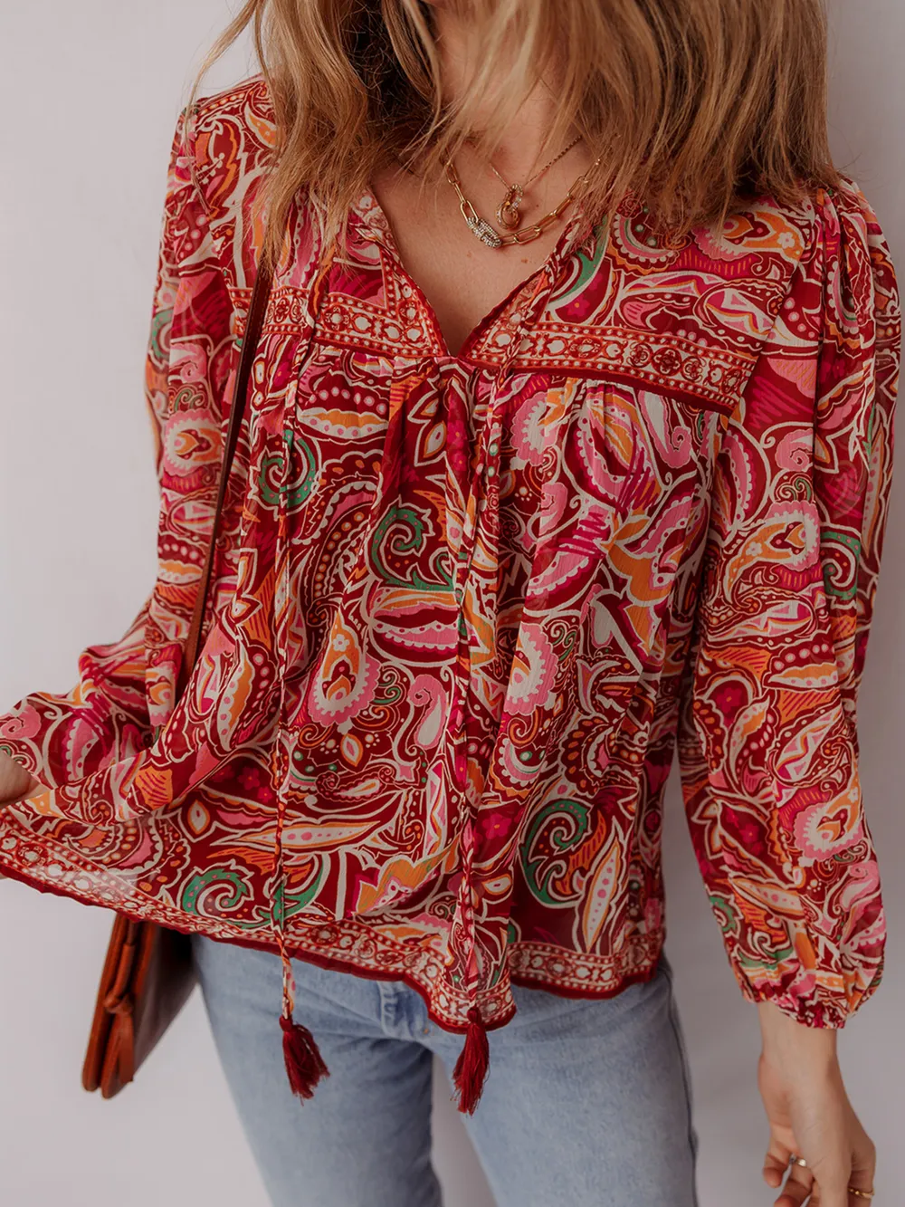 Multicolour Ethnic Paisley Print Tassel Tie Puff Sleeve Boho Blouse, image 2