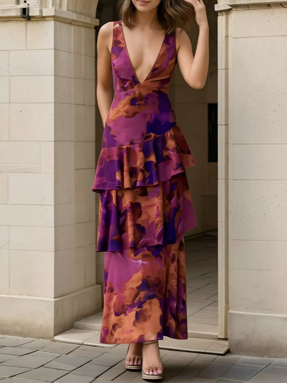 Floral V-Neck Ruffle Layered Maxi Dress, image 5