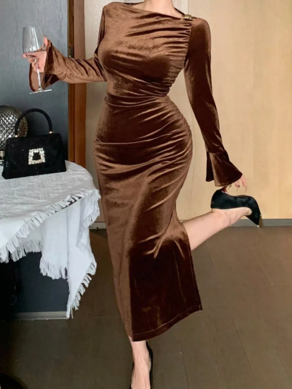 Velvet Ruched Bodycon Midi Dress, image 3