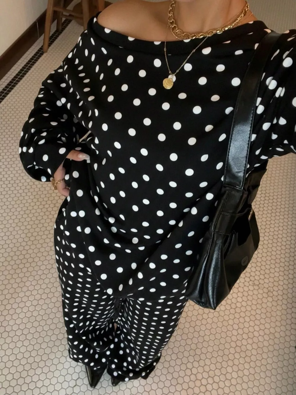 Polka Dot Boat Neck Top and Pants Set, image 2