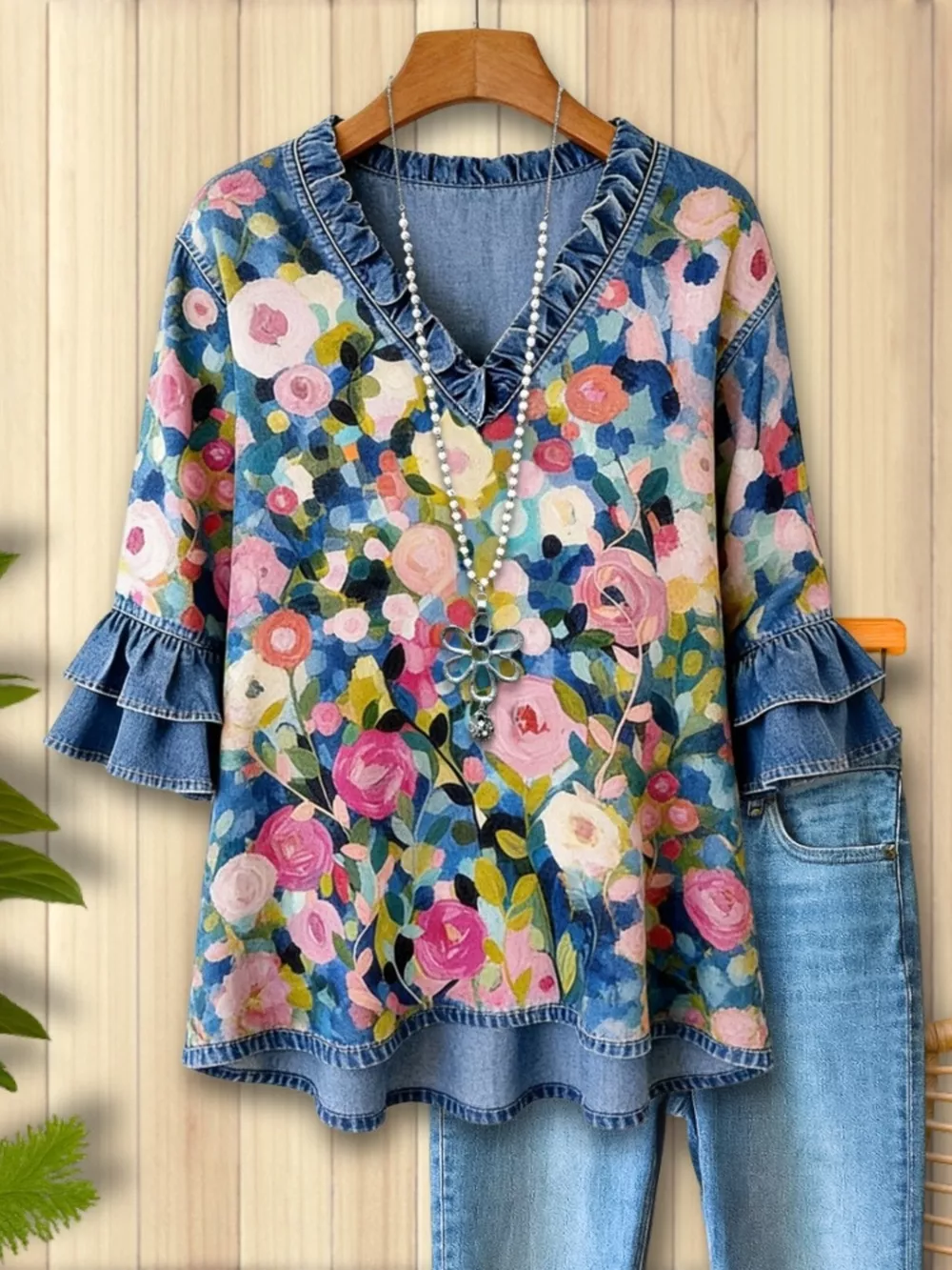 Full Size Floral Print Ruffle Trim Denim Top Plus Size