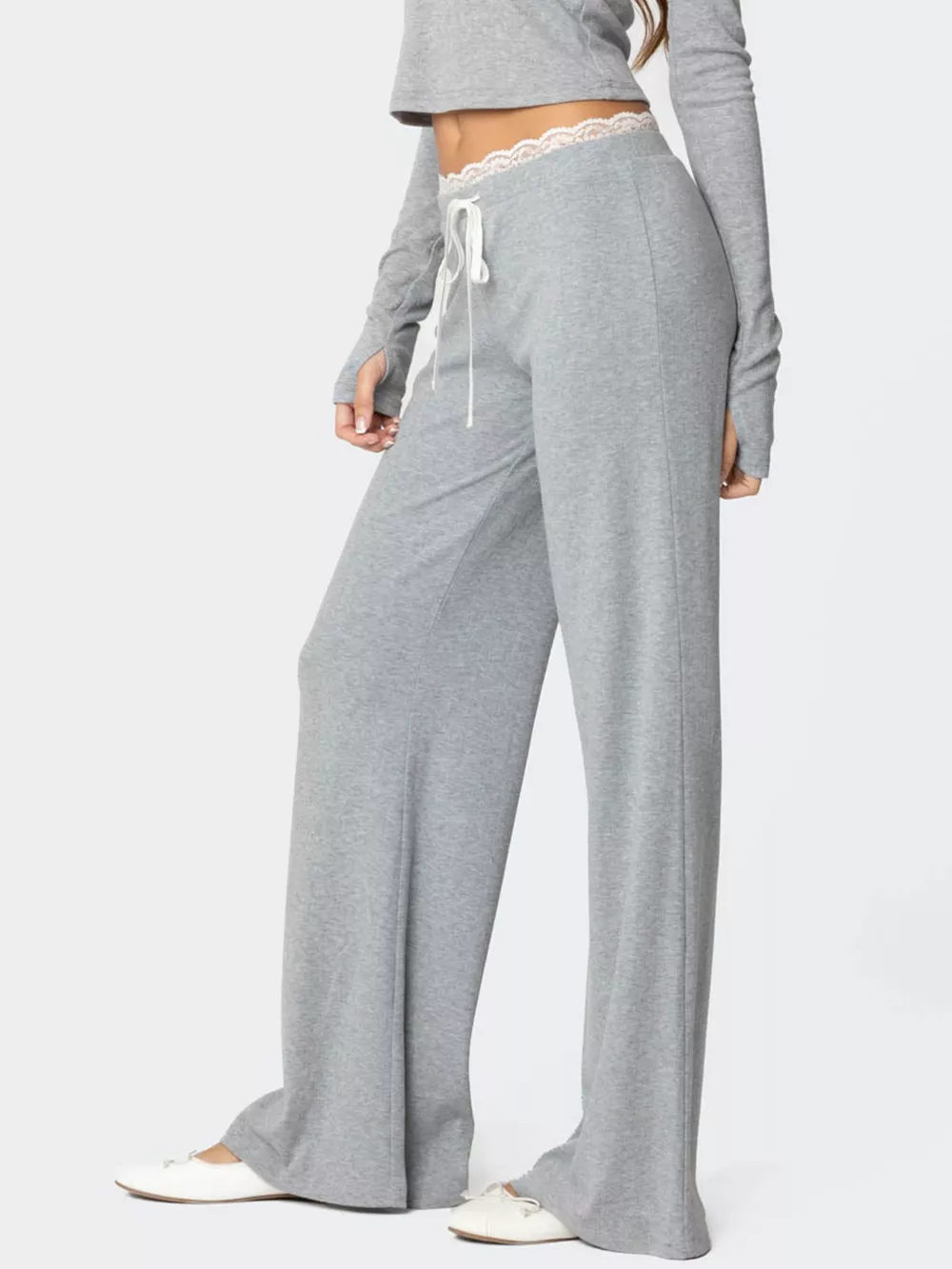 Lace Trim Wide Leg Pants, image 4