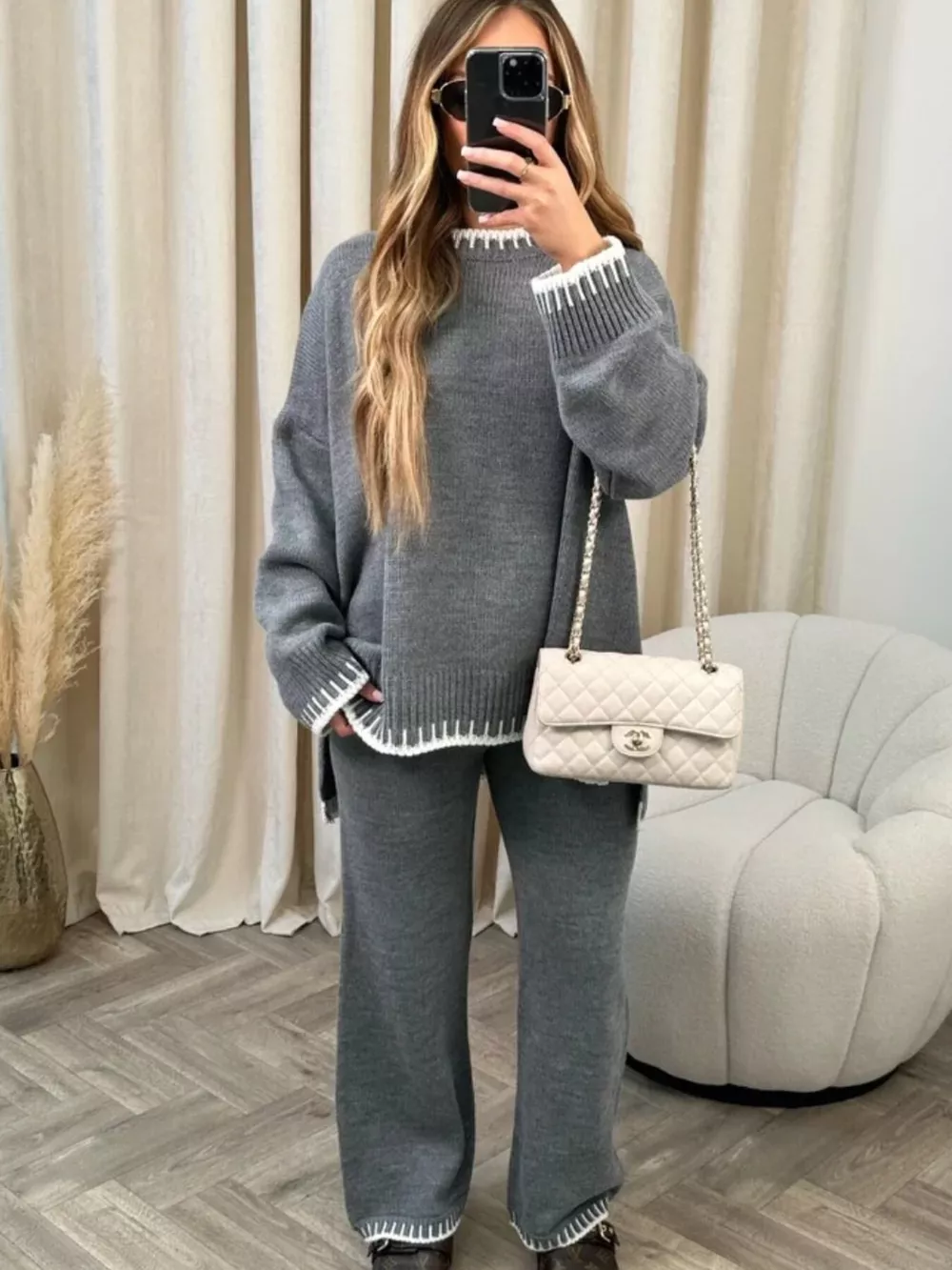 Contrast Trim Round Neck Top and Pants Sweater Set, image 22