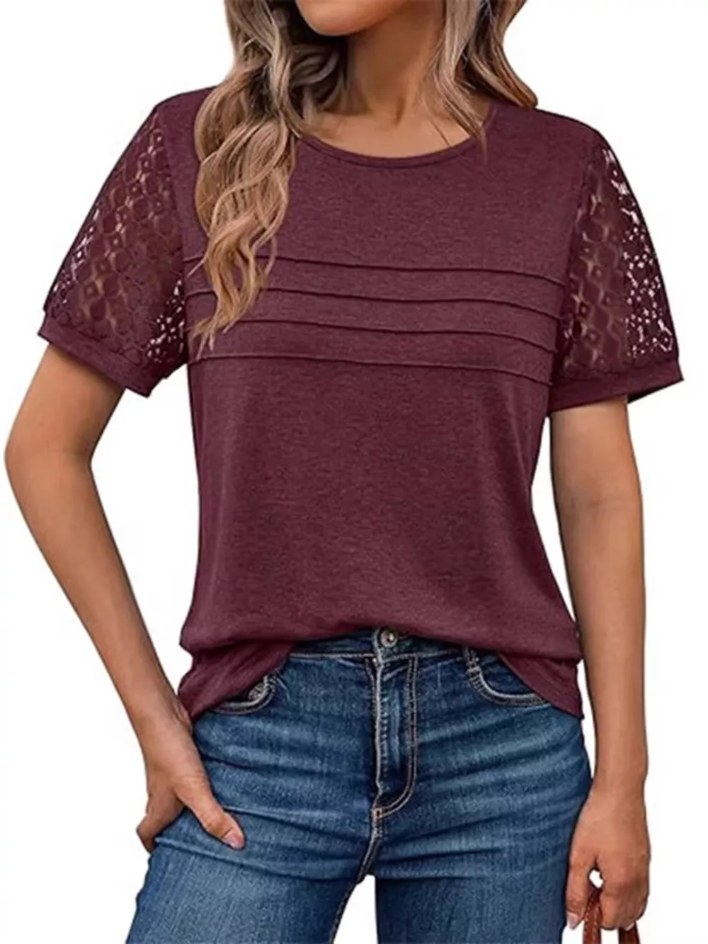 Lace Short Sleeve Round Neck T-Shirt, image 8