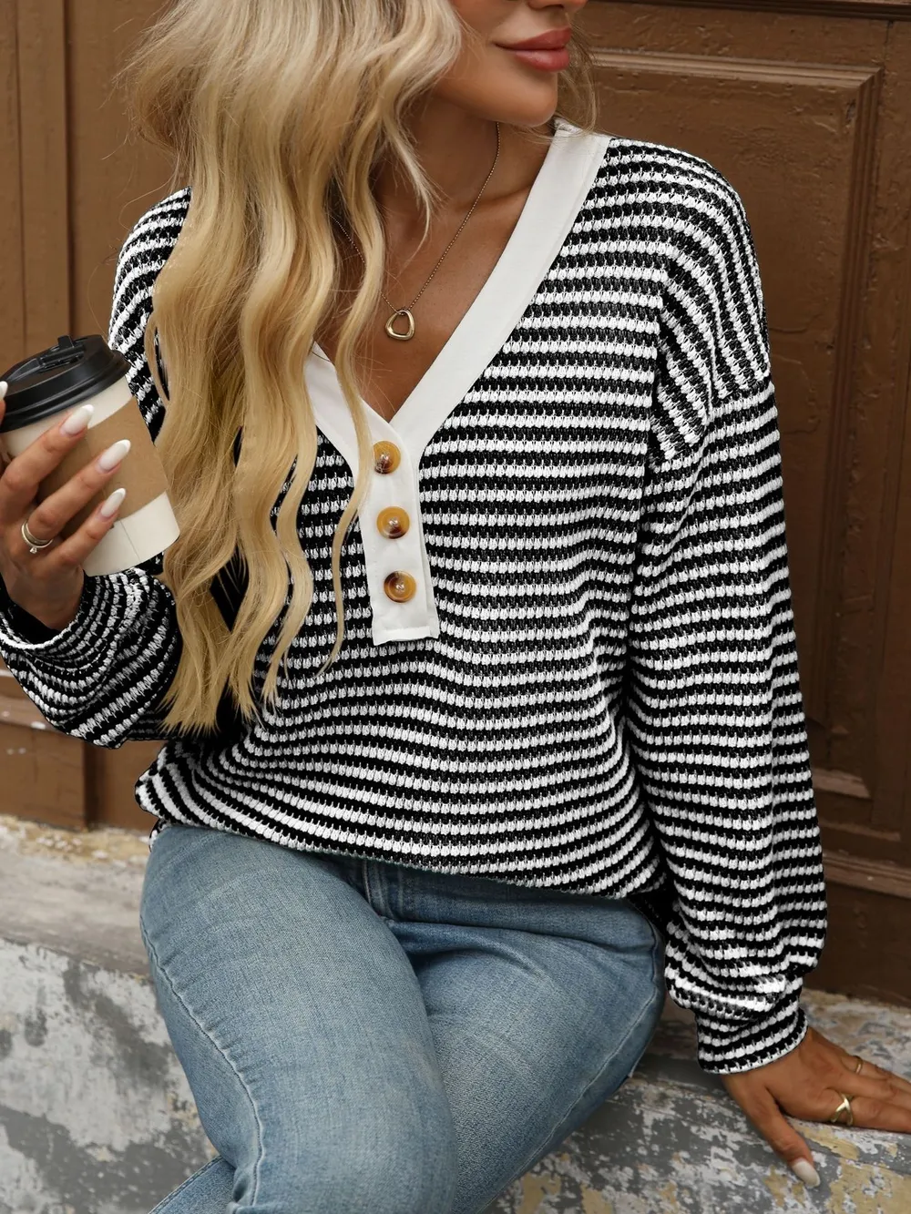Striped V-Neck Button Front Casual Top, image 10