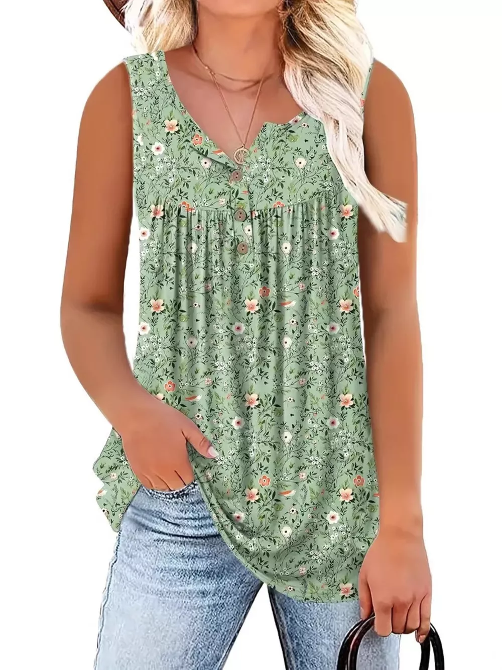 Full Size Floral Print Button Detail Tank Plus Size, image 2