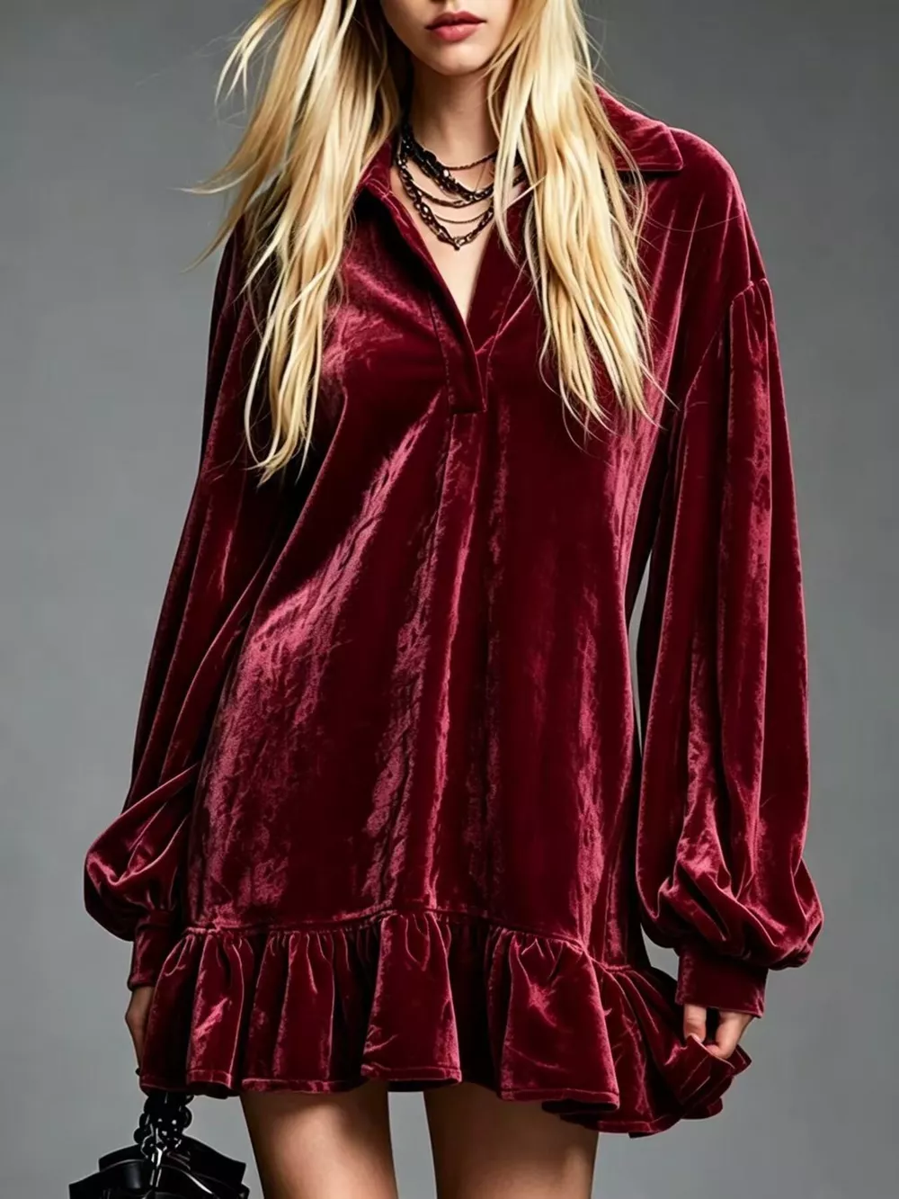 Full Size Velvet Long-Sleeve Ruffle Hem Mini Dress Plus Size, image 16