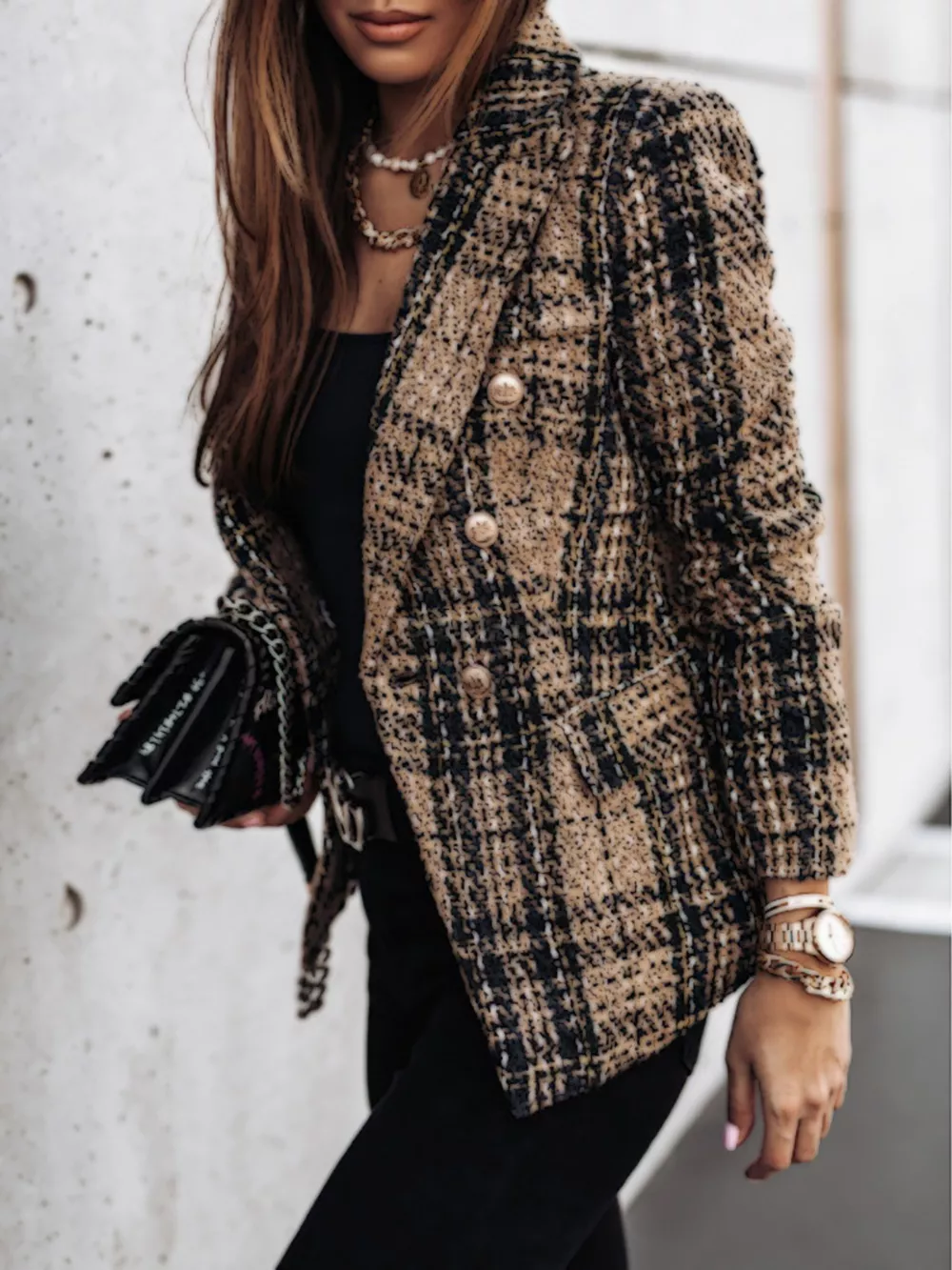 Full Size Plaid Tweed Double-Breasted Blazer Plus Size, image 5