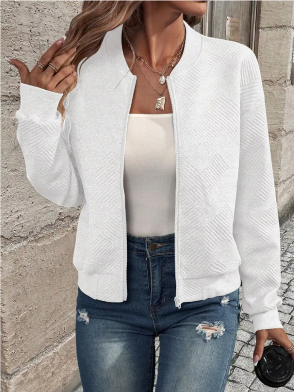 Textured Knit Zip-Up Bomber Jacket, image 28
