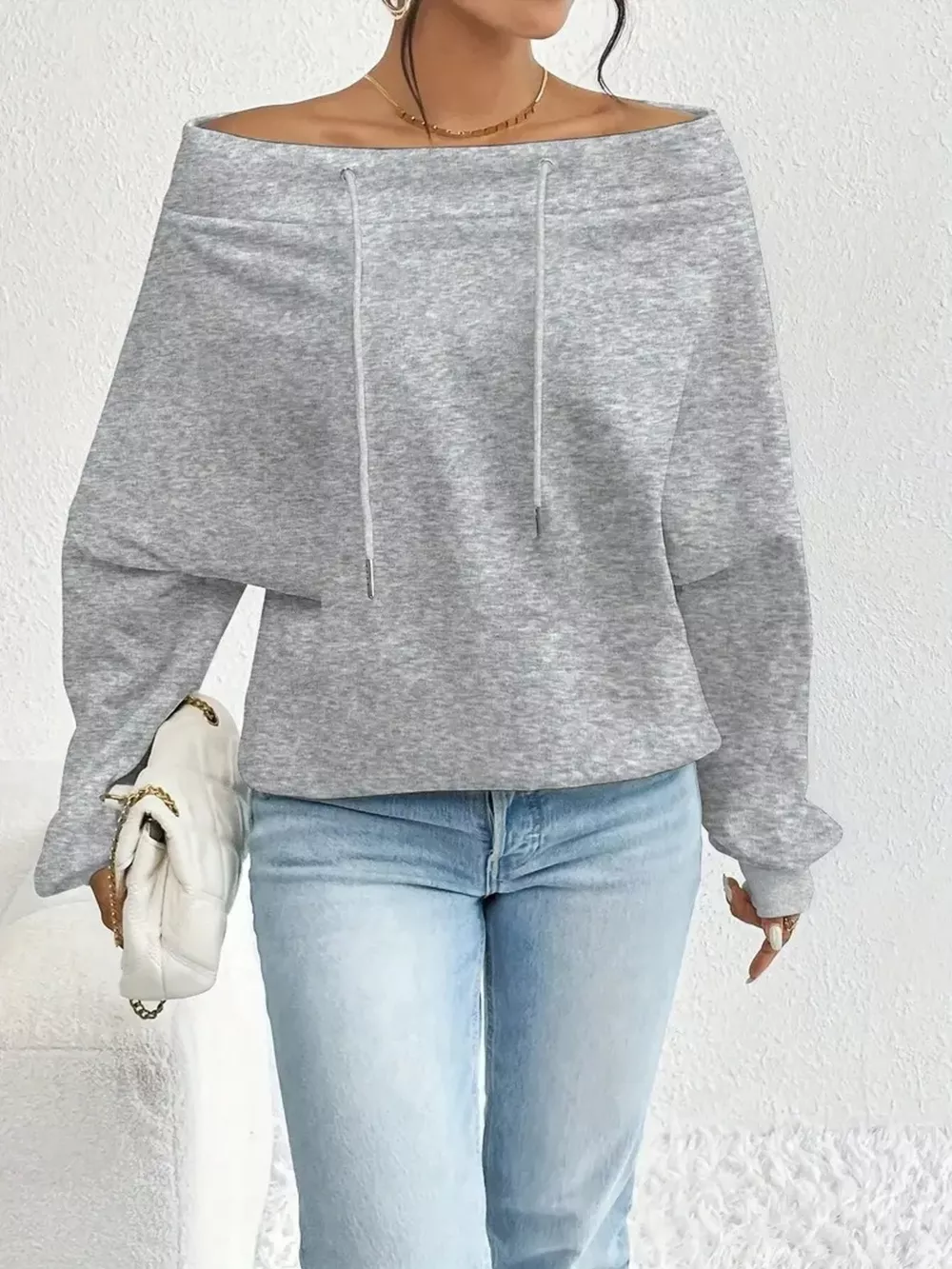 Off-Shoulder Drawstring Sweatshirt, image 4