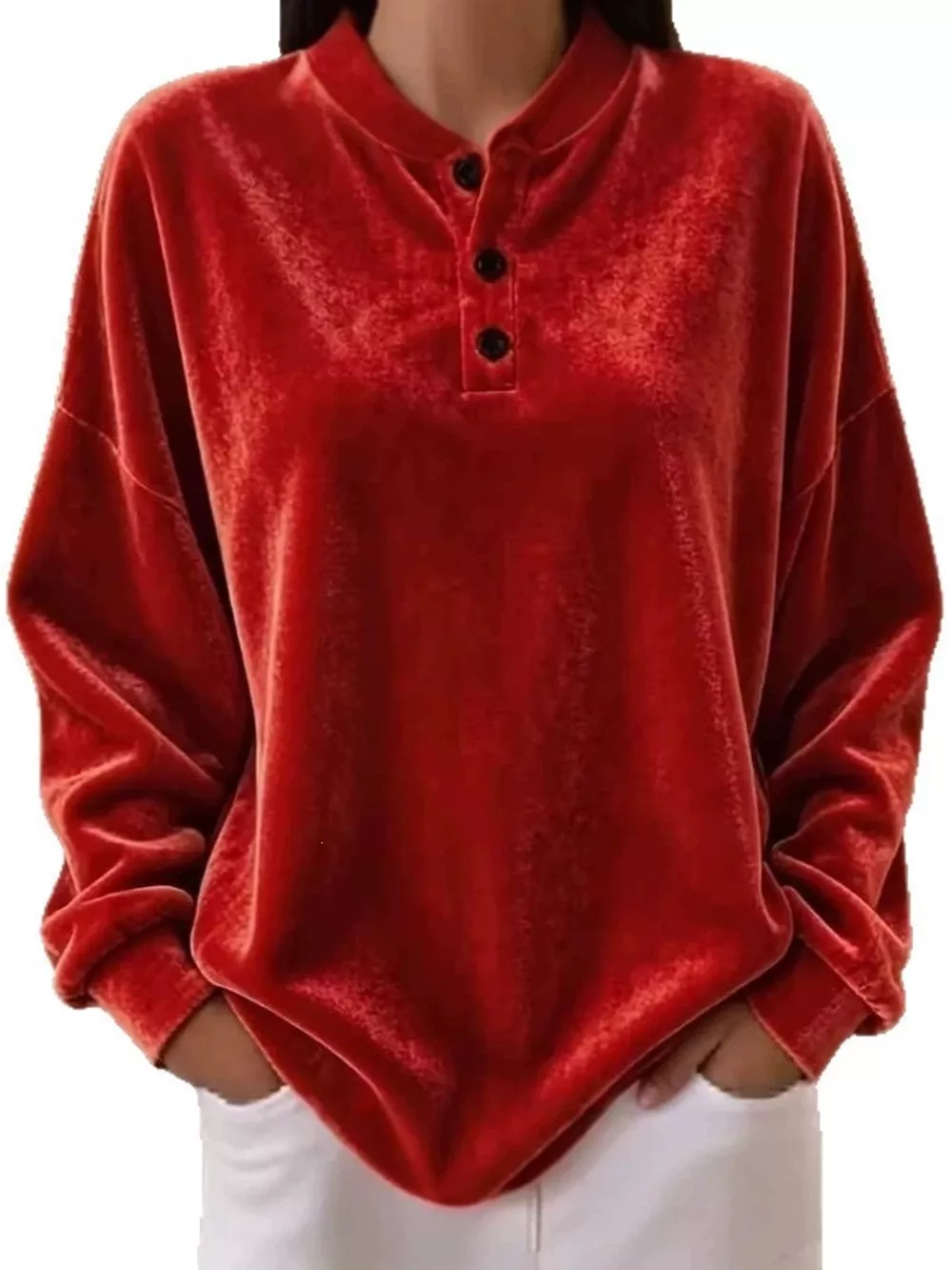 Velvet Henley Top with Button Detail, image 9