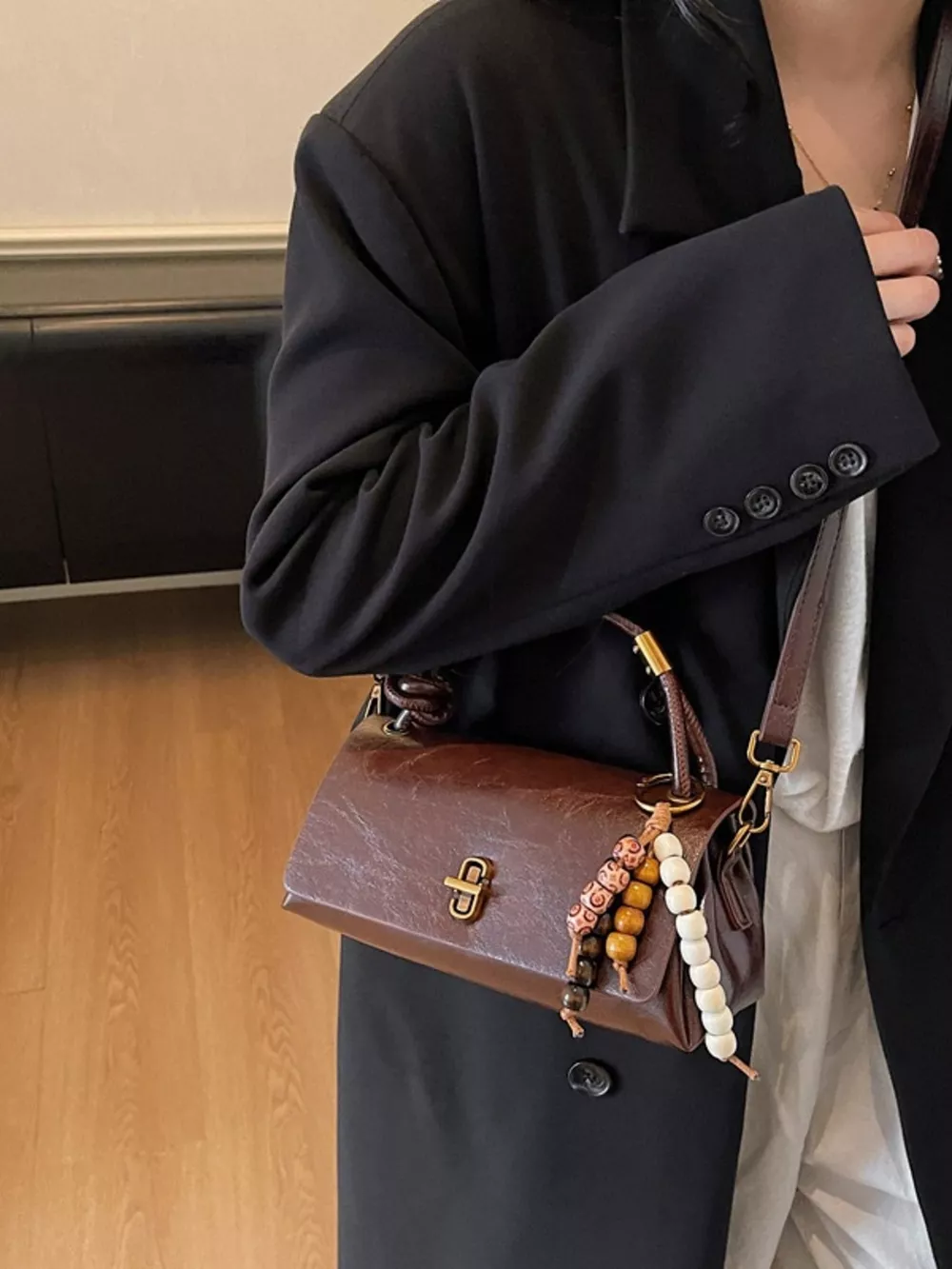 Leather Crossbody Bag with Bead Charm, image 2