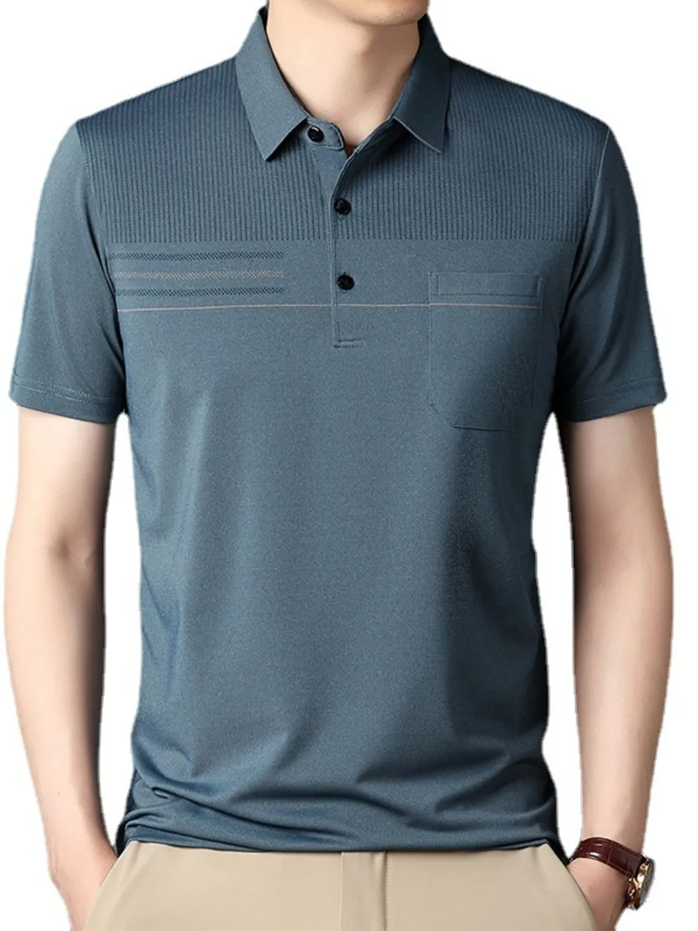 Men's Plus Size Classic Textured Stripe Casual Polo Shirt, image 2