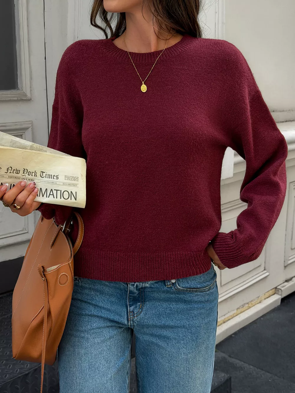 Crew Neck Dropped Shoulder Sweater, image 4