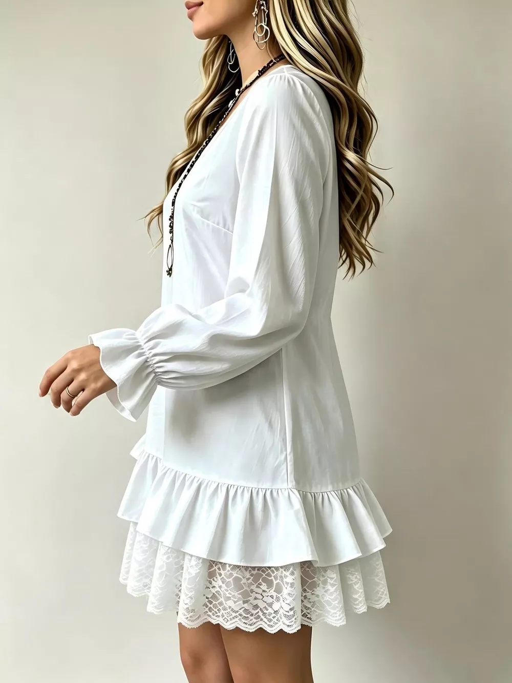 V-Neck Long Sleeve Ruffle Hem Lace Trim Mini Dress, image 2