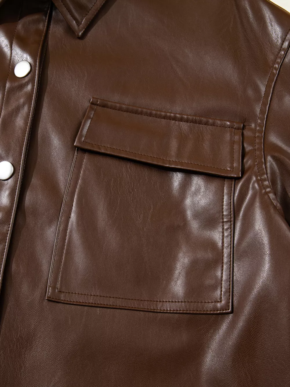 Double Flap Pocket Drawstring Hem Leather Jacket, image 14