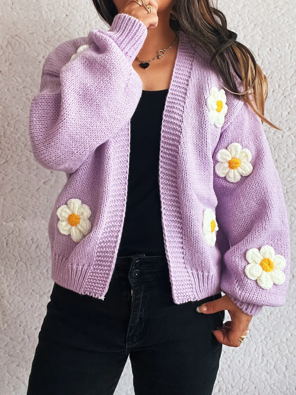 Flower Open Front Long Sleeve Cardigan, image 2