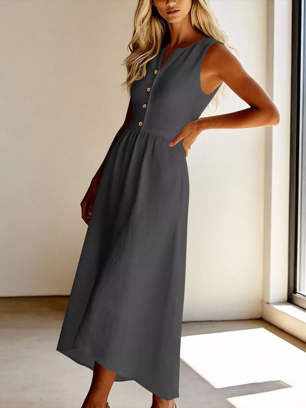 Sleeveless Button Front Flowy Midi Dress, image 8