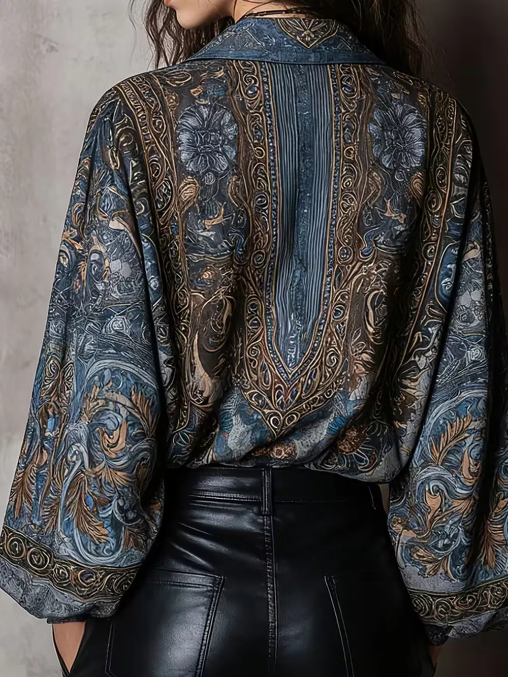 Full Size Vintage Print Long Sleeve Oversized Blouse Plus Size, image 4