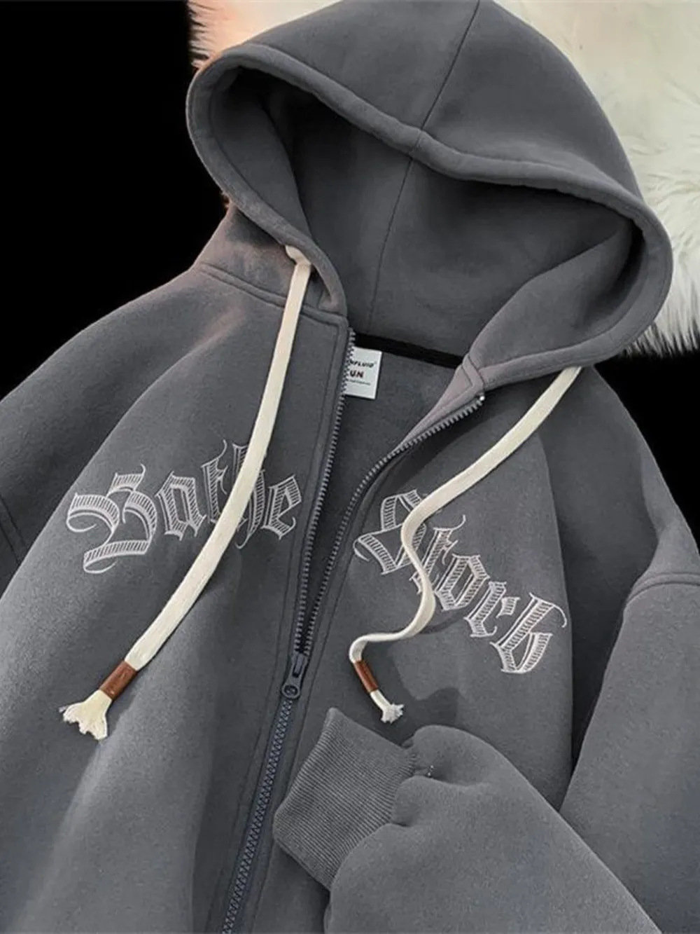 Men's Plus Size Letter Zip Up Drawstring Hoodie, image 7