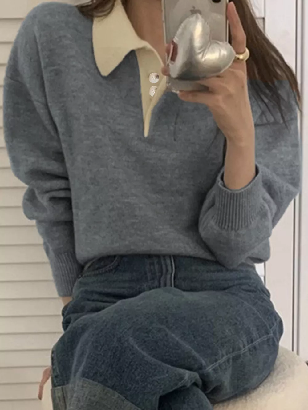 Polo Collar Dropped Shoulder Sweater, image 4