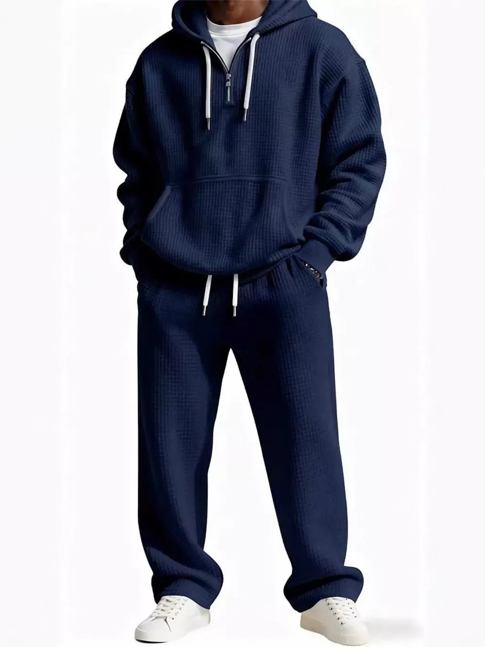 Men's Full Size Casual Waffle Knit Hoodie and Pants Set Plus Size, image 2