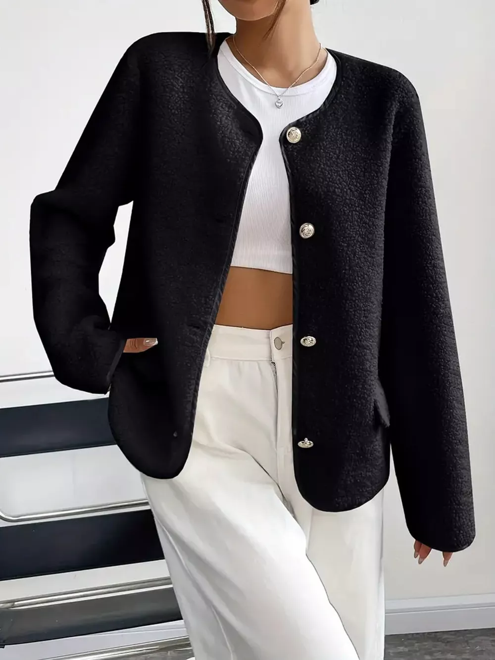 Full Size Textured Button-Up Fleece Outerwear Plus Size
