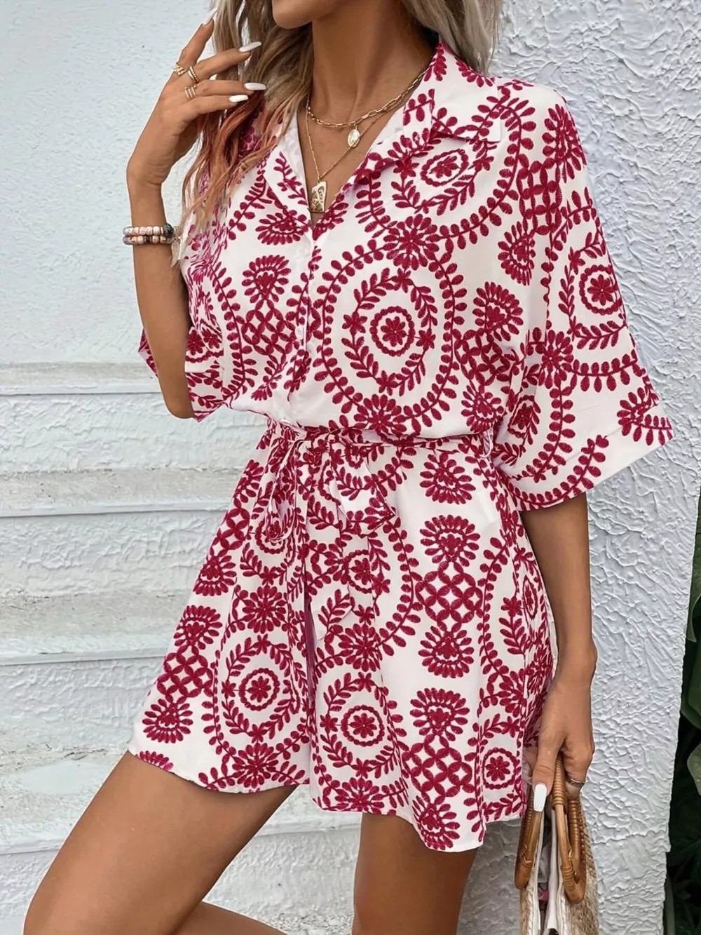 Printed Tie Waist Button Front Romper, image 12