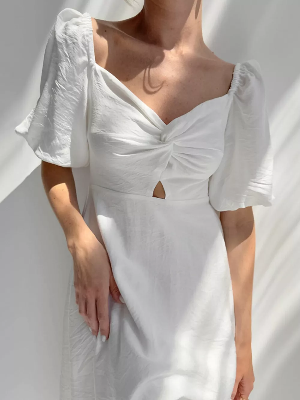Twisted Front Puff Sleeve Midi Dress, image 2