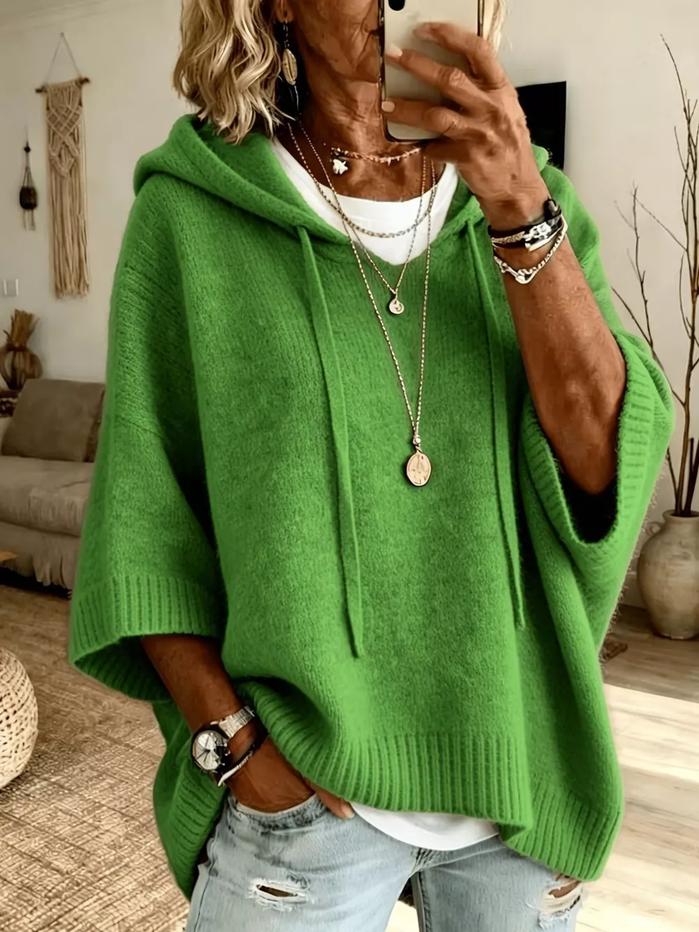 Casual Loose Fit Hooded Knit Sweater with Ribbed Hem, image 12