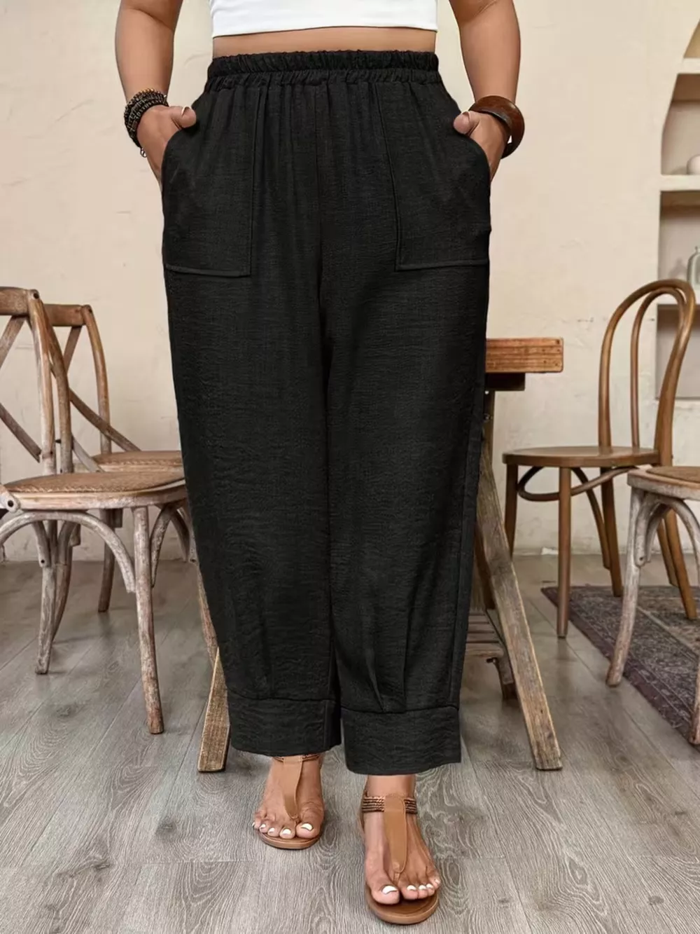 Plus Size High-Waisted Elastic Waist Pants with Pockets, image 9