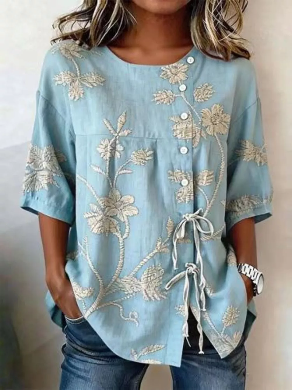 Full Size Embroidered Floral Tie Front Shirt Plus Size, image 4
