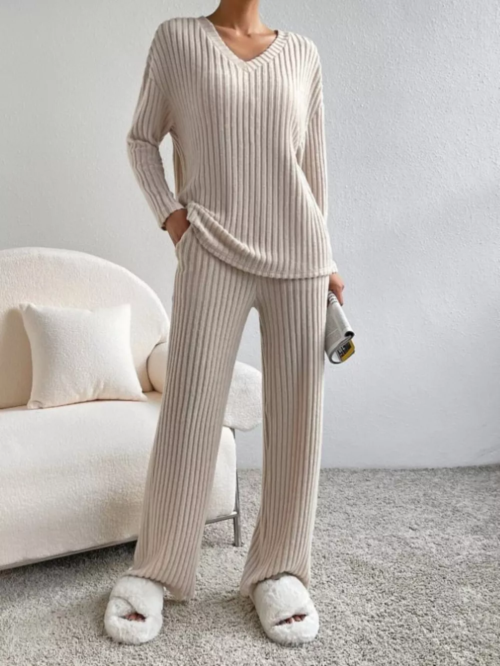Ribbed Knit V-Neck Top and Pants Set, image 7