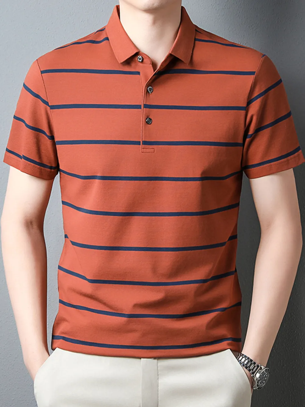 Men's Plus Size Striped Button Detail Short Sleeve Polo, image 6
