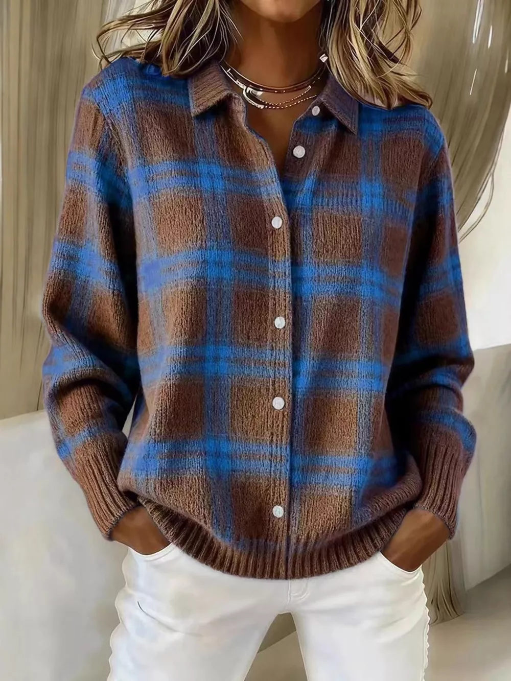 Full Size Plaid Button-Down Knit Cardigan Plus Size, image 7