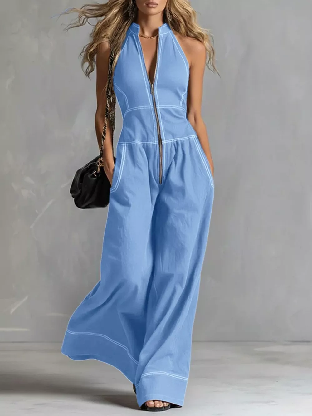Zip Front Sleeveless Wide Leg Jumpsuit, image 3