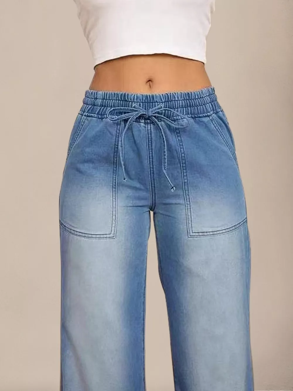 Drawstring Waist Wide Leg Jeans, image 6
