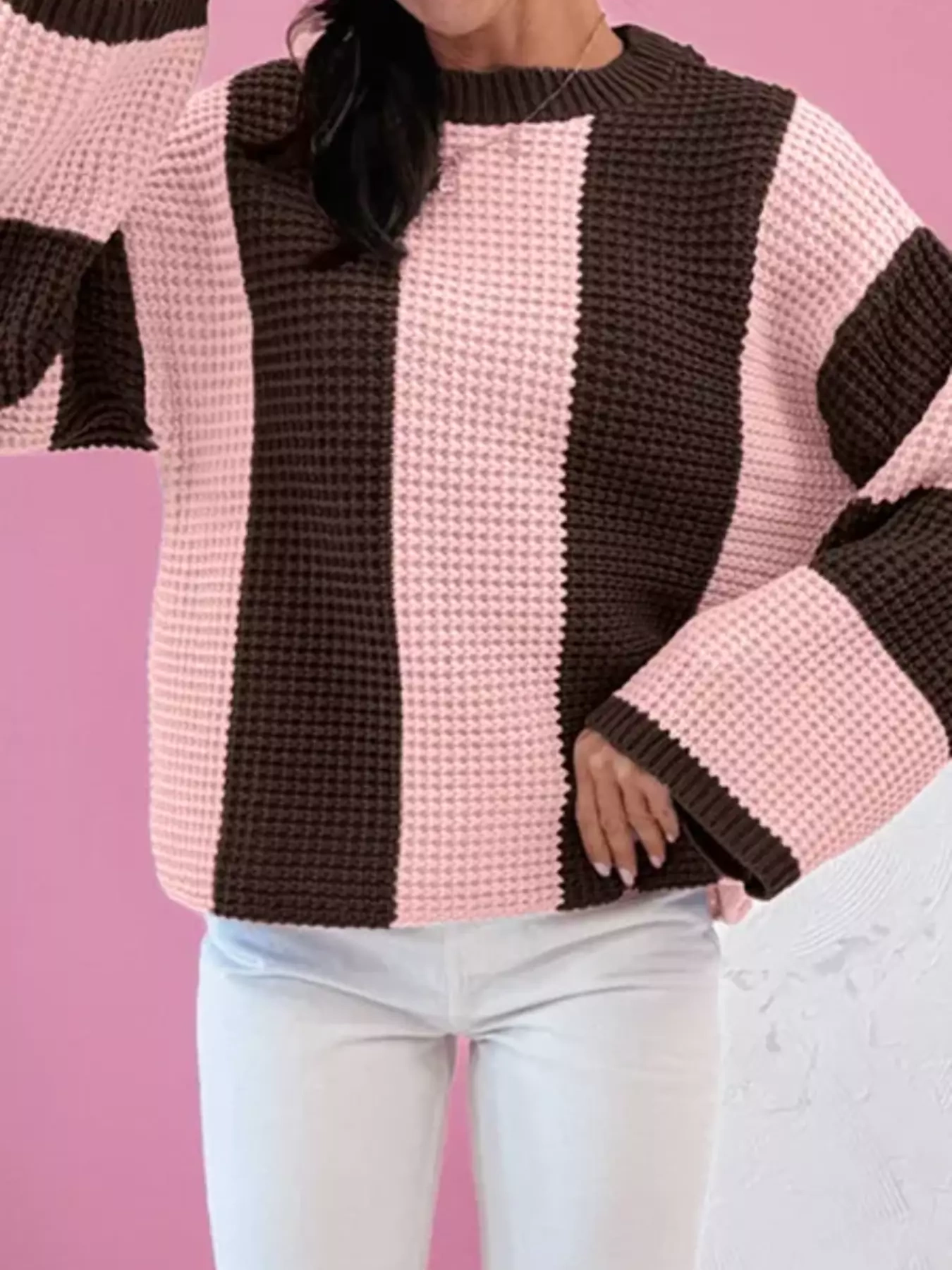 Striped Color Block Waffle Knit Sweater, image 3
