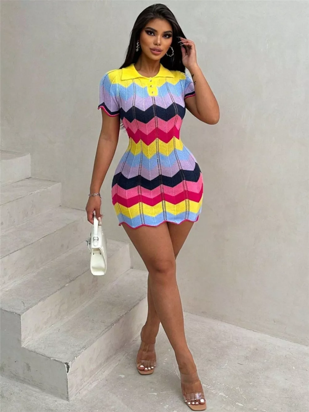 Chevron Knit Short Sleeve Sweater Dress, image 5
