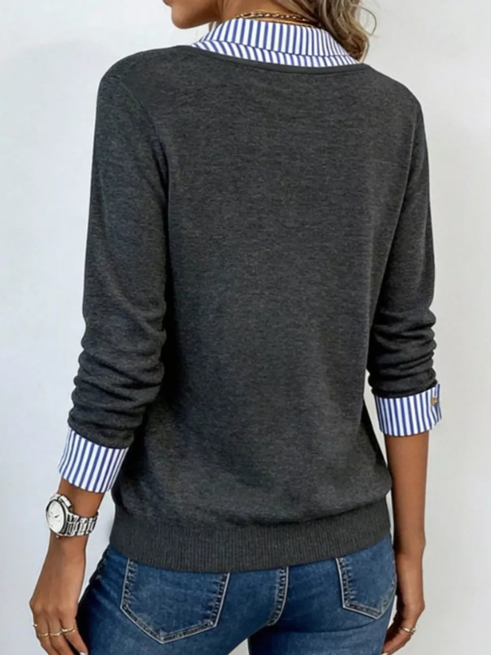 Layered Look Striped Collar Long Sleeve Top, image 8
