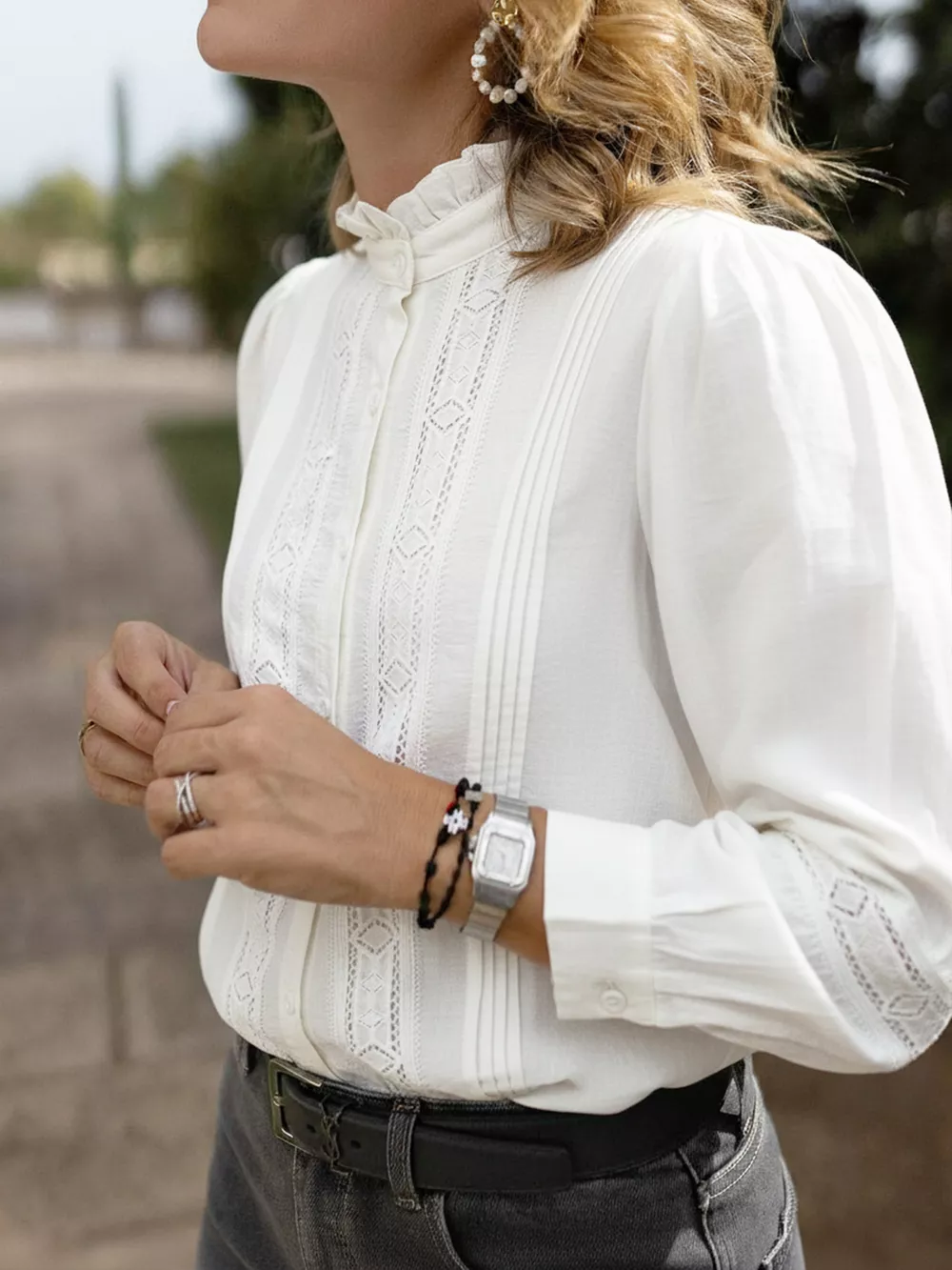 Lace Trim Long Sleeve Shirt, image 2