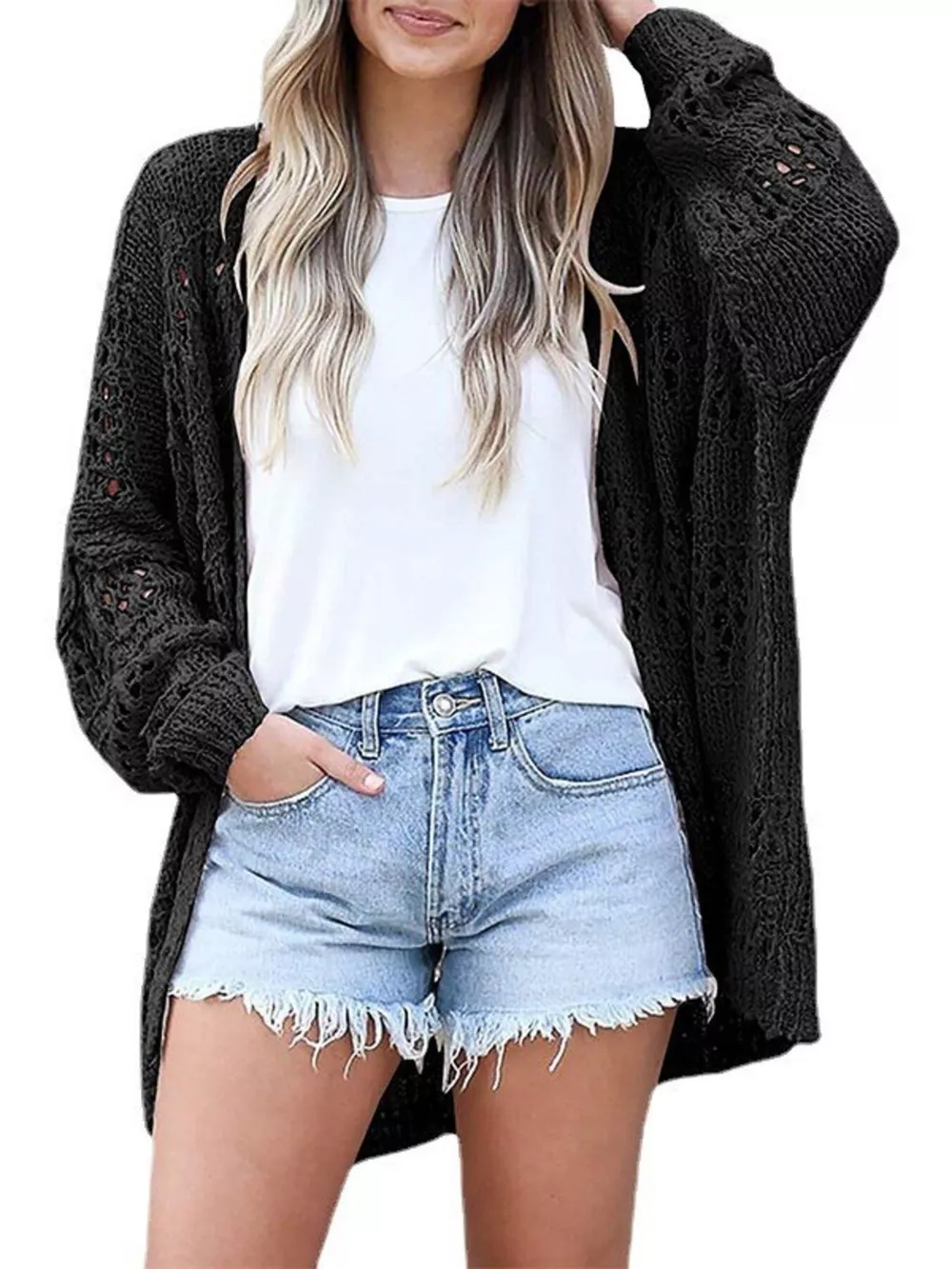 Openwork Open Front Lightweight Cardigan, image 2